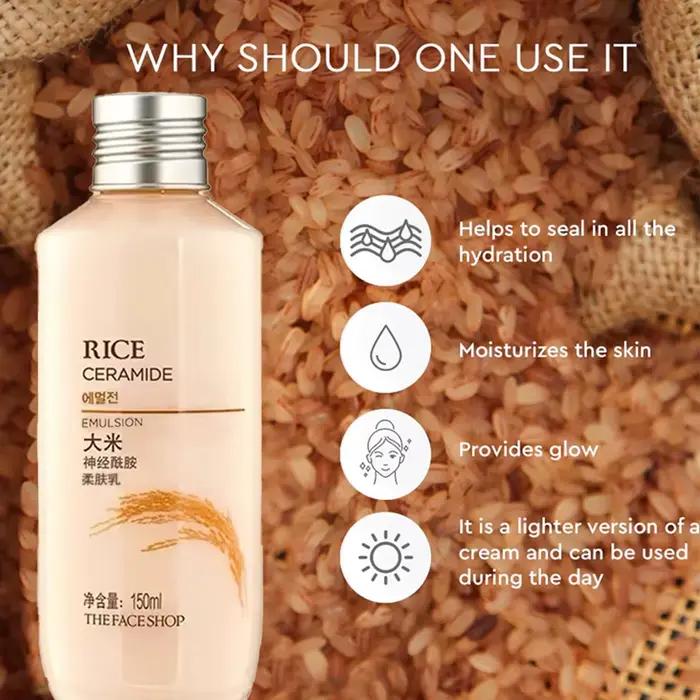 THE FACE SHOP Émulsion au Riz et Céramide 150ml, Texture légère, Hydratation intense, Soin coréen, K