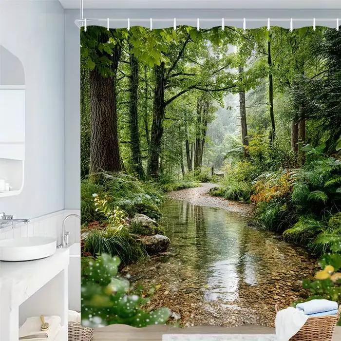 Rideau de douche imperméable avec une scène de ruisseau de forêt tranquille pour un décor de salle d