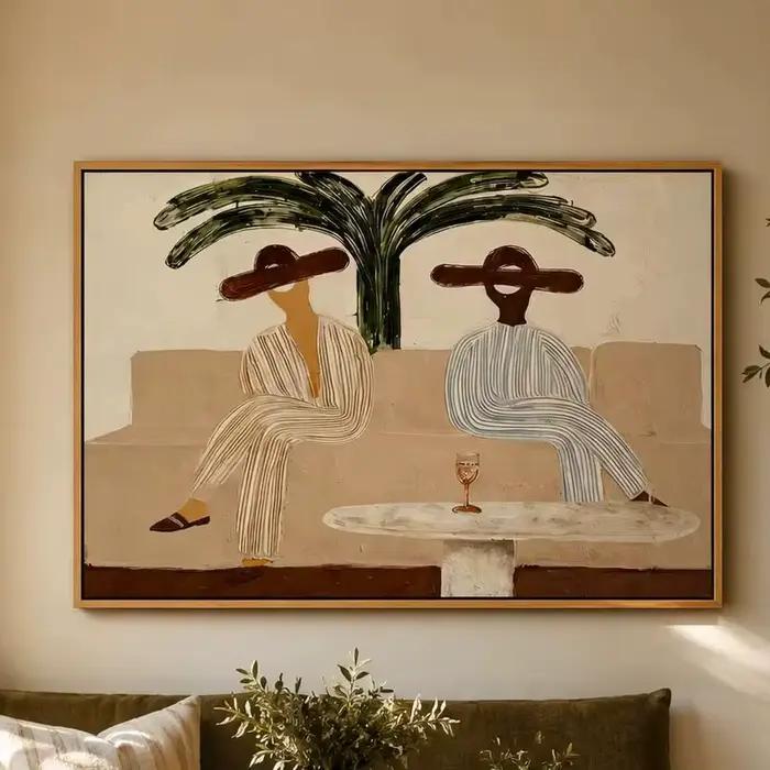 Palm Afternoon – Deux femmes sur un canapé avec peinture sur toile d'un palmier, impression murale, 
