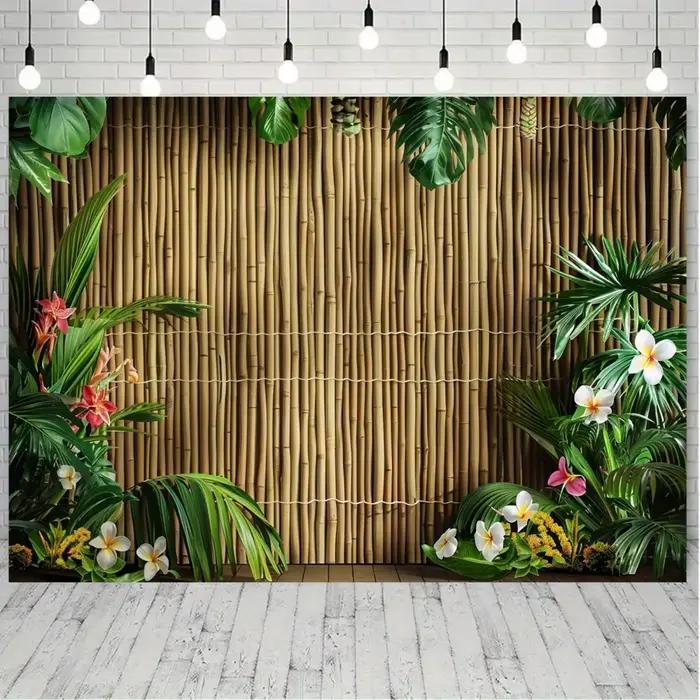 1 fond mural en bambou tropical avec feuilles de palmier et fleurs d'hibiscus - Fond de photographie