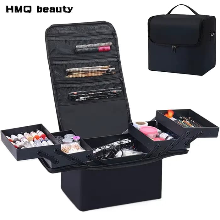 Mallette de maquillage de grande capacité, plateaux pliables multicouches réglables, boîte de manucu