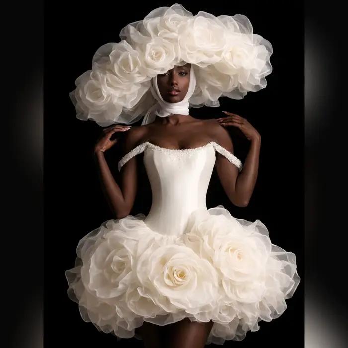 Robe blanche à épaules dénudées avec jupe bouffante, corsage orné de grandes fleurs et de perles, ro