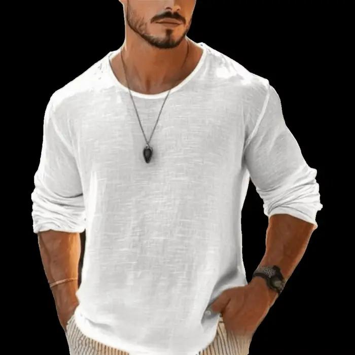 T-shirt à manches longues de couleur unie, respirant et confortable, col en V, texturé, pour homme, 