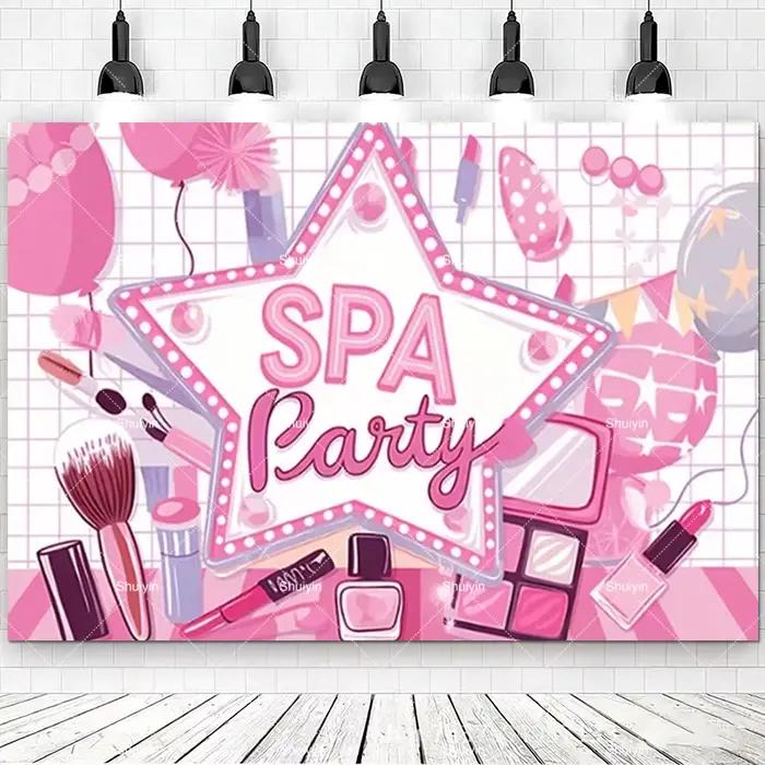 Décorations d'anniversaire sur le thème du spa et du maquillage rose, toile de fond pour la décorati