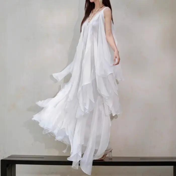 Robe longue blanche style jupe superposée à col en V, nouvelle collection printemps-été, taille haut