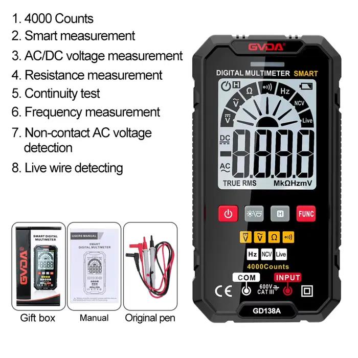 Multimètre numérique GVDA, mesure de la tension DC/AC, testeur de tension True RMS, multimètre autom