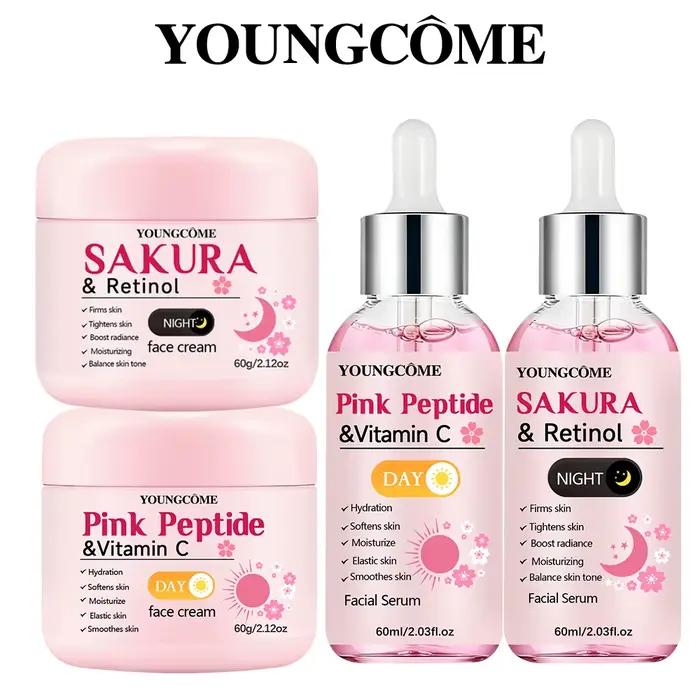 Ensemble de soins de la peau jour et nuit 4 pièces : crème de jour à la vitamine C au peptide rose +