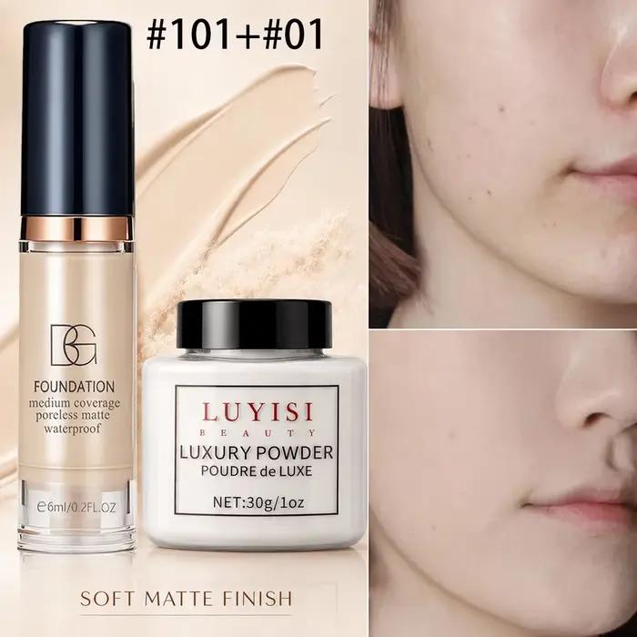 Ensemble de maquillage pour le visage : 1 poudre libre mate + 1 fond de teint waterproof, haute couv
