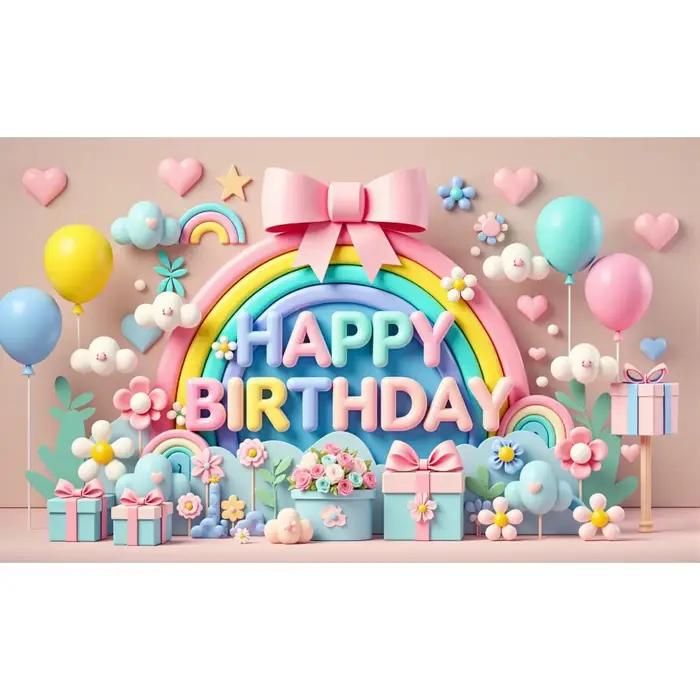 Ballons de bannière de fond joyeux anniversaire, nuage arc-en-ciel coloré, décoration de fête d'anni