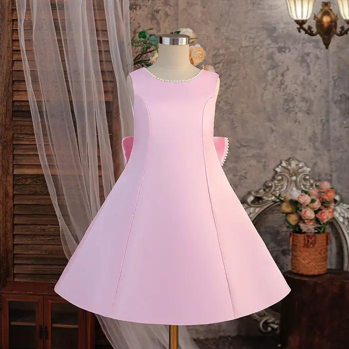 Robe blanche pour filles, tenue de princesse à gros nœud, dos nu, avec perles, pour enfants, robe de