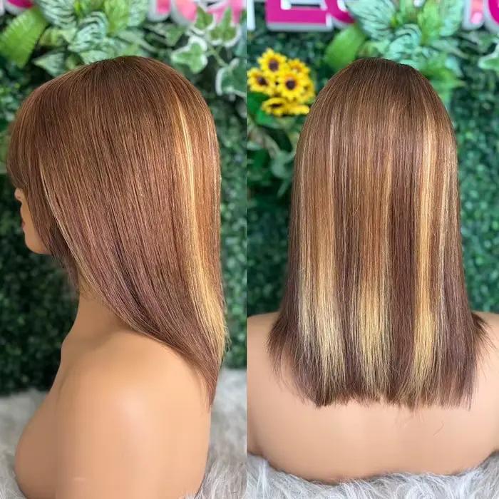 Perruques courtes et droites en cheveux humains blonds et bruns avec frange pour femmes, cheveux bré