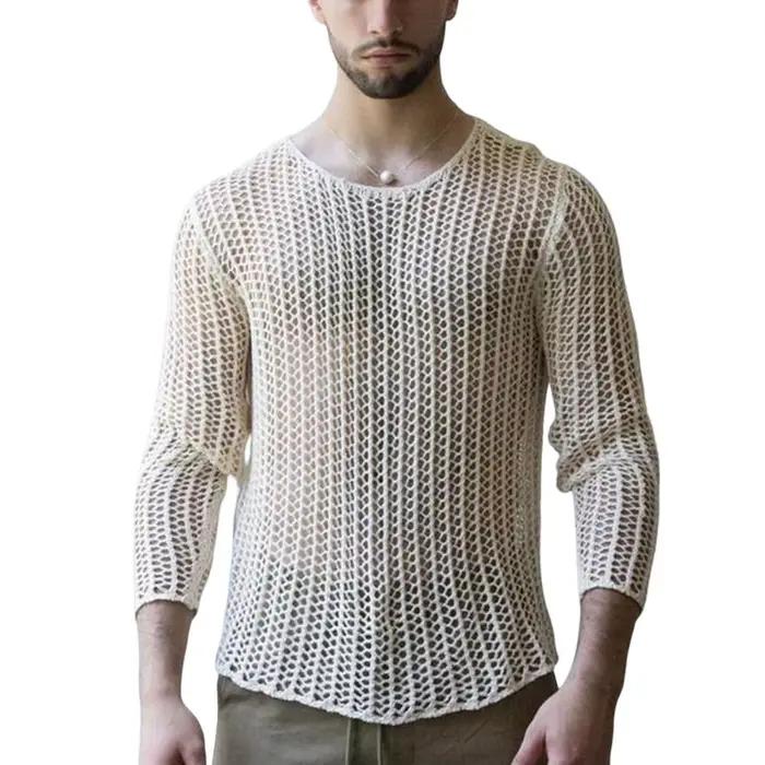 Haut en maille transparent pour hommes, manches longues, col rond, ajouré, chemise à bascule, haut e