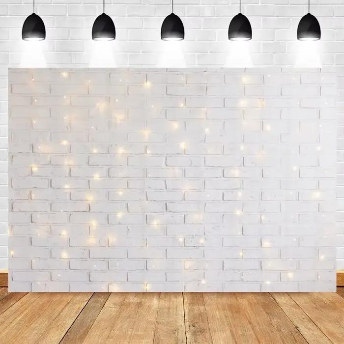Arrière-plan de photographie murale en brique blanche, arrière-plan de sol en bois pour jouet d'anim