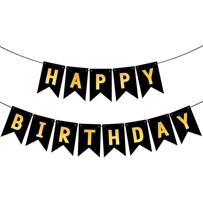 Bannière Joyeux Anniversaire Noir Blanc Rose Bleu pour Fête d'Anniversaire Garçon Fille, Décoration 