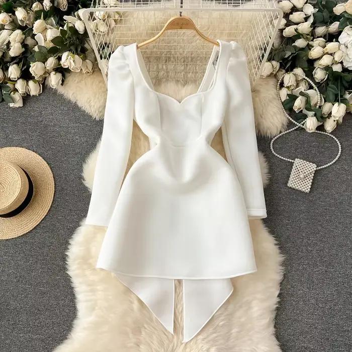 Robe de mariée blanche évidée pour femme, dos nu, décoration de nœud, robes courtes, taille cintrée,