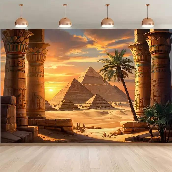 Bannière à fond plat 2D – Pilares égyptiennes anciennes, scène de coucher de soleil de pyramide du d