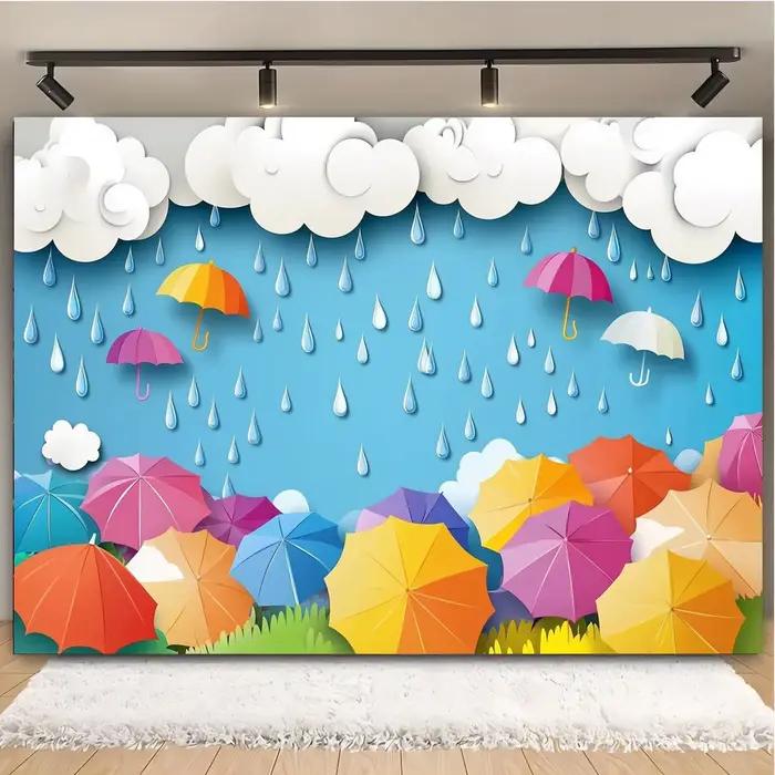 Fond de photographie coloré parapluie et gouttes de pluie – Parfait pour les fêtes d'anniversaire de