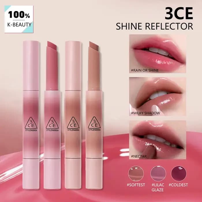 3CE SHINE REFLECTOR, Texture miroir brillante, Hydratant et non desséchant, Couleur transparente et 