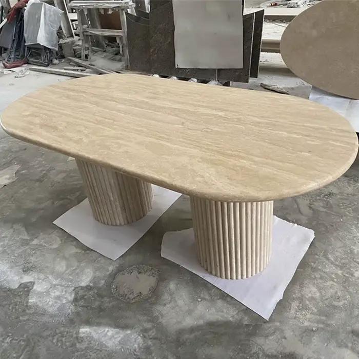 Table à manger moderne en travertin beige, table en pierre cannelée ovale en marbre, table à manger en travertin