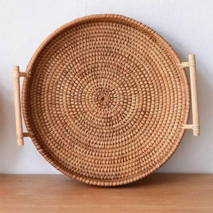 Panier en rotin naturel tissé à la main - Plateau de rangement de style campagnard pour la cuisine, la table à manger |   Organisateur alimentaire et décoration d'intérieur écologiques