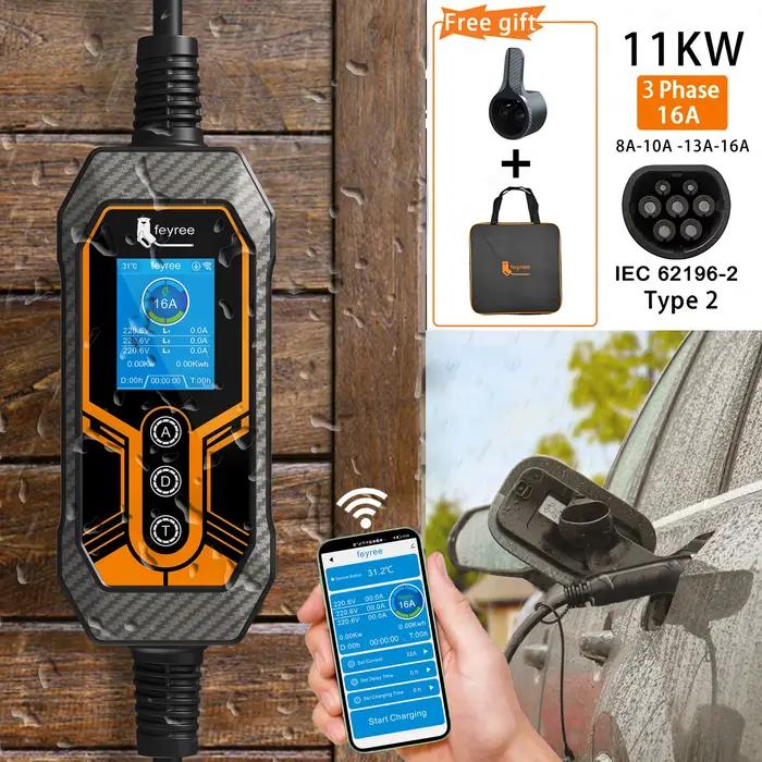 Chargeur EV portable Feyree Type 2 11KW 16A 3 phases avec Wi-Fi, application Bluetooth, câble de charge EVSE 5m, prise CEE pour voiture électrique