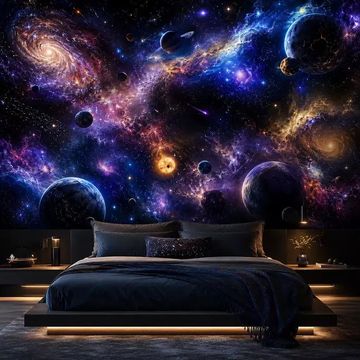 Papier peint mural Galaxie Cosmique Planètes Nébuleuse Ciel Étoilé Espace Extérieur 3D pour Salon Chambre Sans Adhésif Requise la Pose