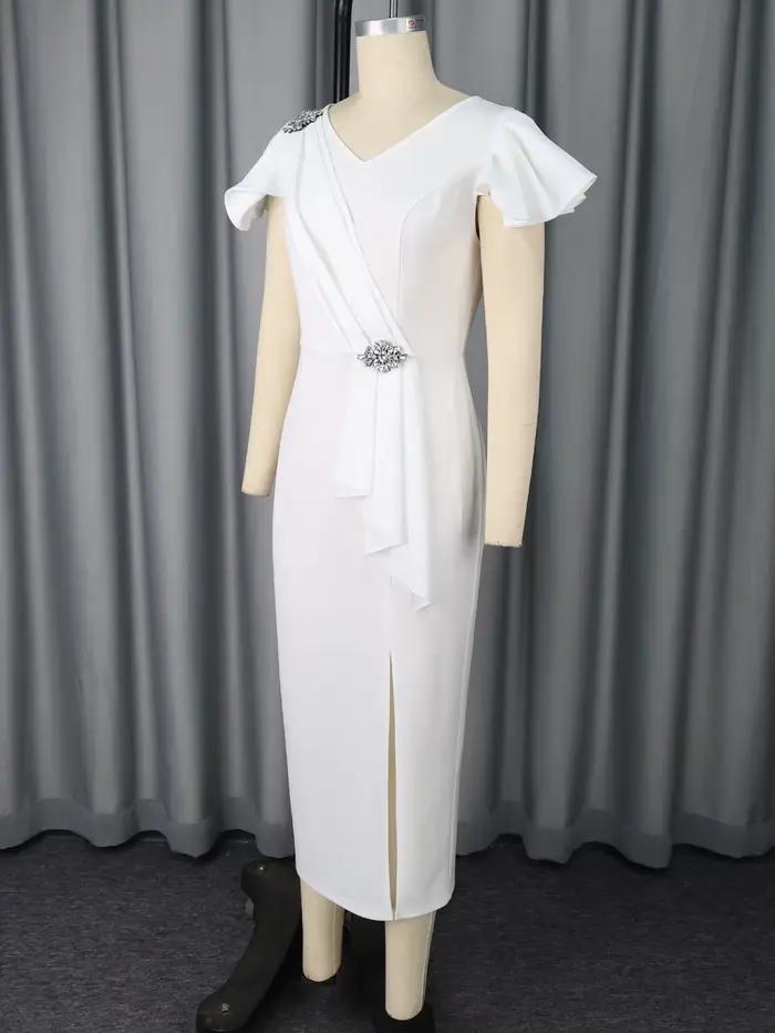Robe de remise de diplôme blanche, col en V, manches à volants, moulante, fente mi-longue, tenues d'été élégantes pour femmes