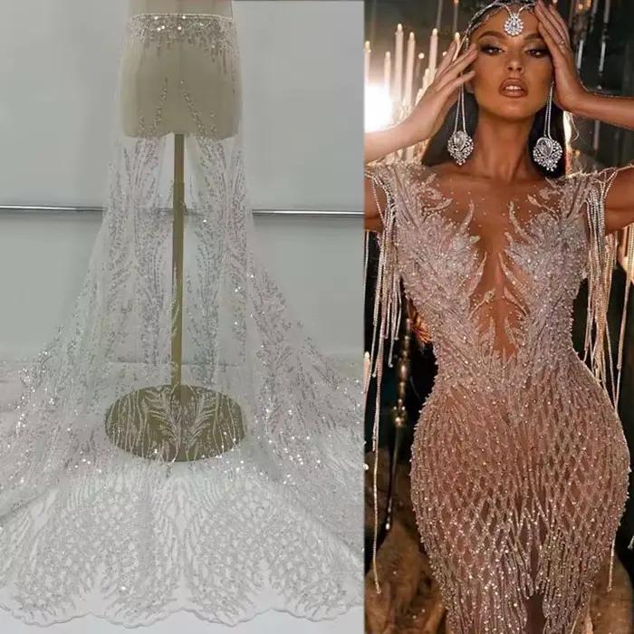 Robe de mariée blanche, accessoires de matériel pour robe de Cocktail, fond en maille, Tube perlé, tissu à paillettes brodé