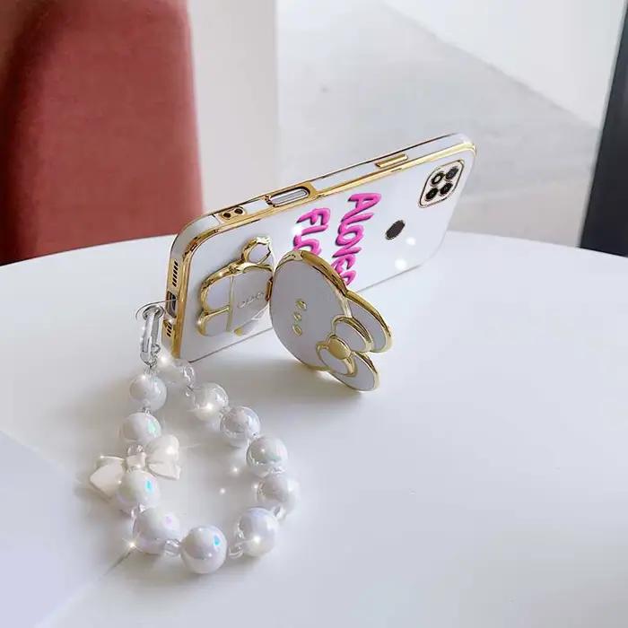 3 pièces (coque de téléphone à fleurs mignonnes + cordon + support lapin) pour Redmi 9i/9 Prime/9AT/9A Sport/9A/8/9/9 (Inde)/9C NFC/9C