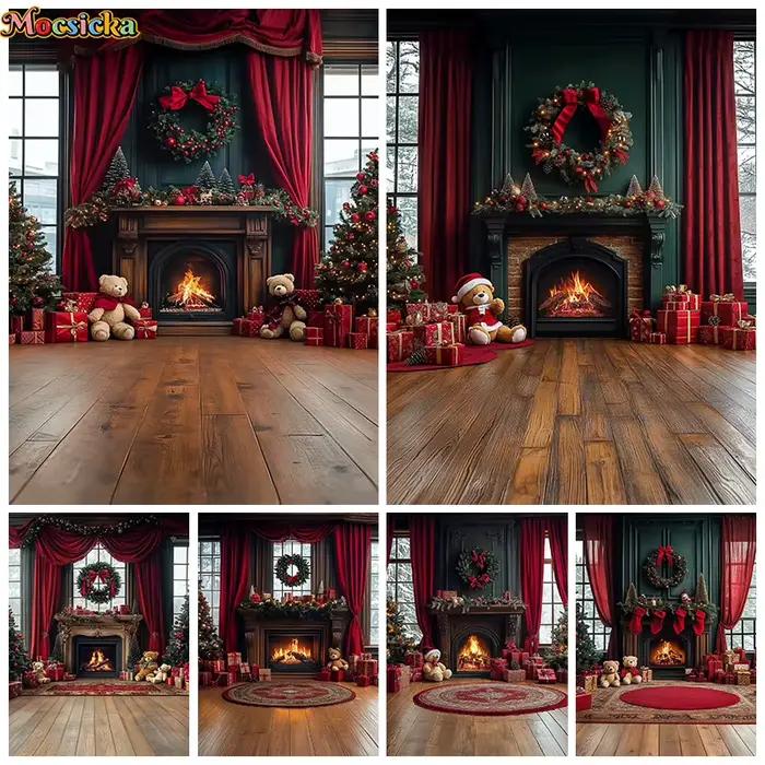 Noël maison fond photographie fenêtre cheminée plancher en bois cadeau arbre ours enfants bébé Photo toile de fond chambre décoration Studio
