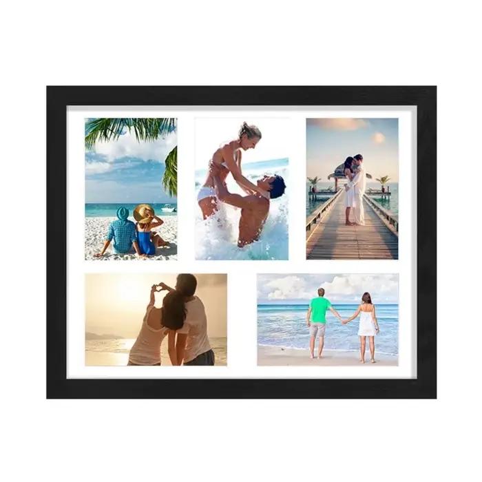 Cadre photo mural multifonctionnel à 5 compartiments, cadre de collage modifiable fait main, cadre photo rectangulaire en bois pour couple