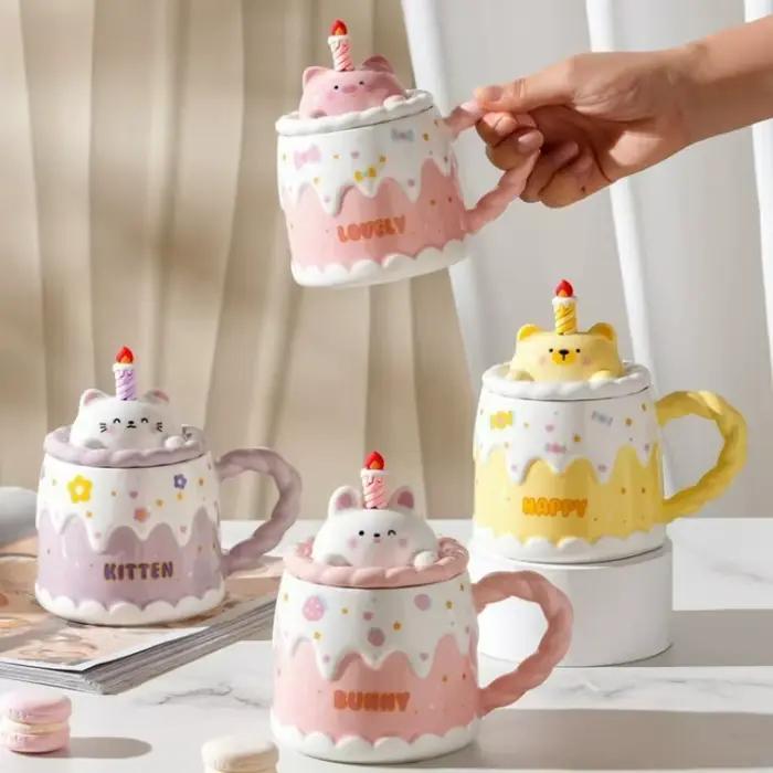 Tasse en céramique de dessin animé avec couvercle, tasses à lait pour gâteau, tasses à café, tasse d'eau mignonne, tasse de petit déjeuner au lait pour la maison, cadeaux d'anniversaire Kawaii pour am