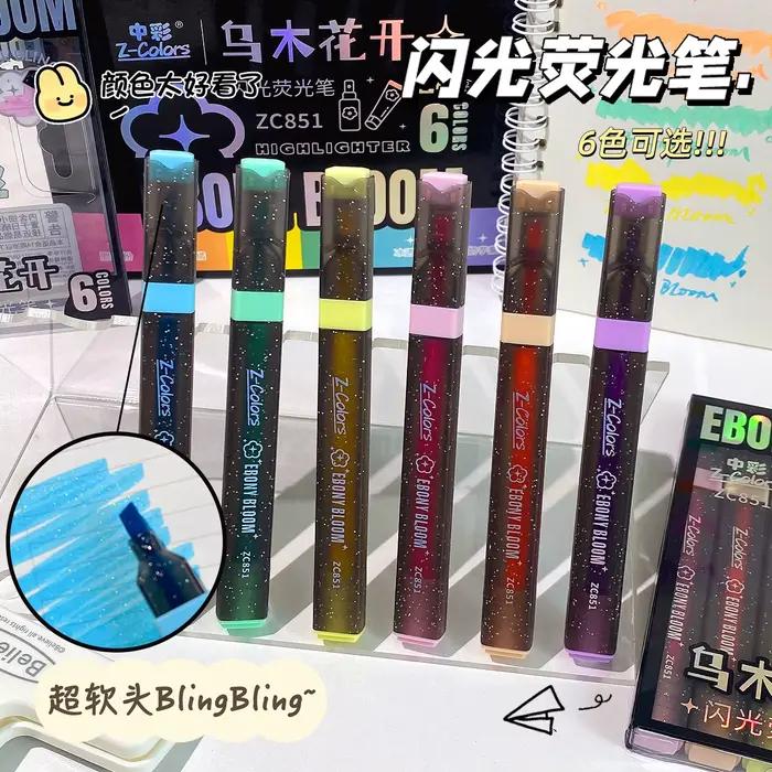 Stylos surligneurs brillants, 6 couleurs, fournitures de papeterie Kawaii, accessoires de rentrée scolaire pour filles et étudiantes