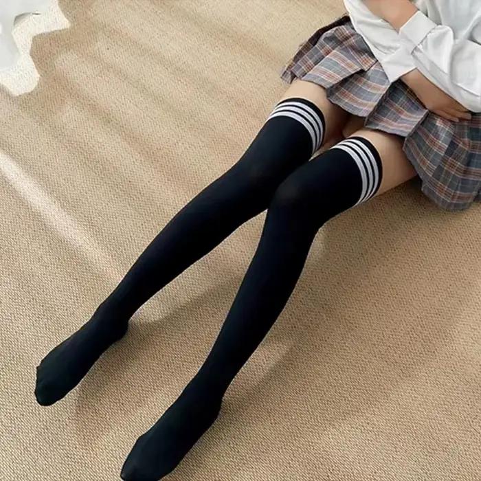 Chaussettes hautes pour femmes, chaussettes hautes à rayures solides, amincissantes, confortables
