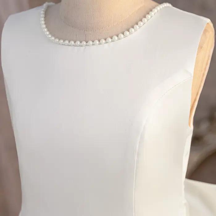 Robe blanche pour filles, tenue de princesse à gros nœud, dos nu, avec perles, pour enfants, robe de spectacle de mariage, de demoiselle d'honneur, d'anniversaire