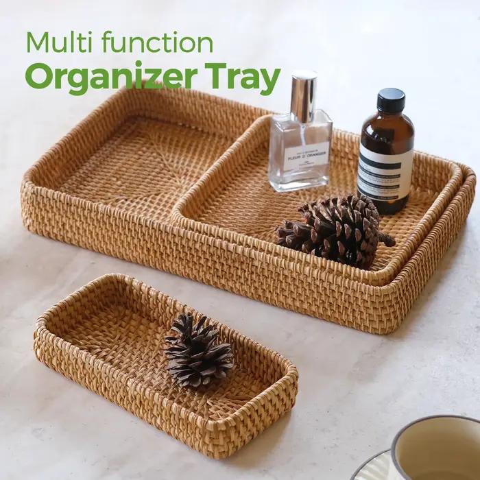Ensemble de 3 plateaux de service en rotin, plateau rectangulaire tressé, plateau de service décoratif en osier naturel, organisateur de table basse ou de coiffeuse