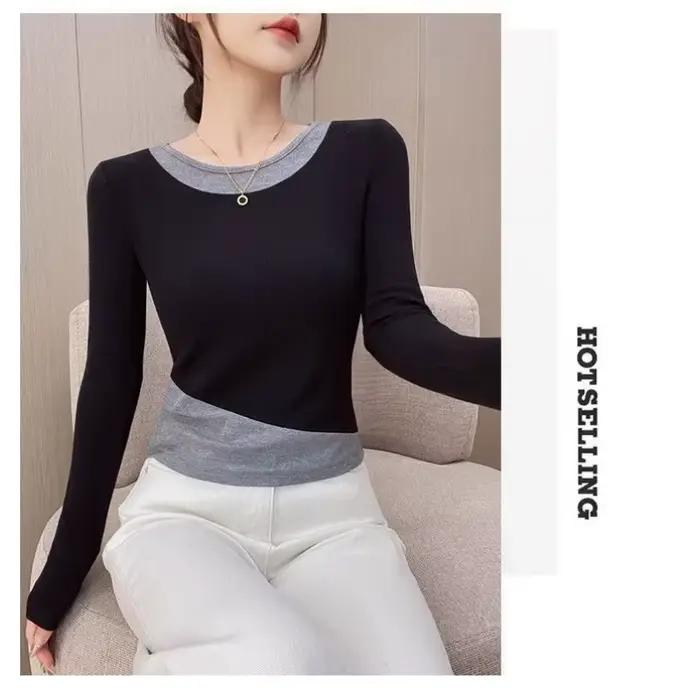 Chemise à col rond, nouveau Style, court, Slim, couture épaisse, faux deux pièces, haut chaud décontracté, automne hiver