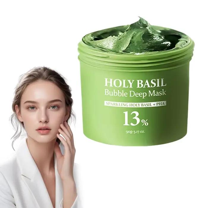Masque Moussant Purifiant au Basilic 90g, Masque à l'Argile Exfoliant au PHA pour Nettoyage en Profondeur des Pores, Élimination des Points Noirs et des Peaux Mortes, Contrôle du Sébum
