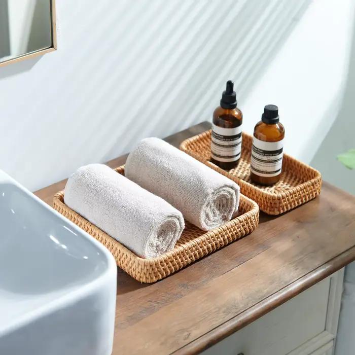 Plateau de service en rotin, panier rectangulaire, paniers de rangement et d'organisation en osier, plateau décoratif tressé naturel pour la décoration intérieure
