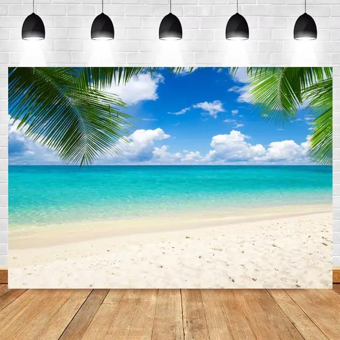 Fond de photographie de plage avec palmiers tropicaux, pour mariage estival, anniversaire de bébé, fête prénuptiale, studio photo