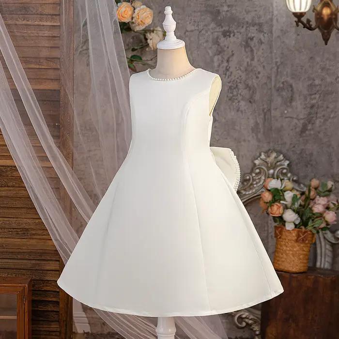Robe blanche pour filles, tenue de princesse à gros nœud, dos nu, avec perles, pour enfants, robe de spectacle de mariage, de demoiselle d'honneur, d'anniversaire