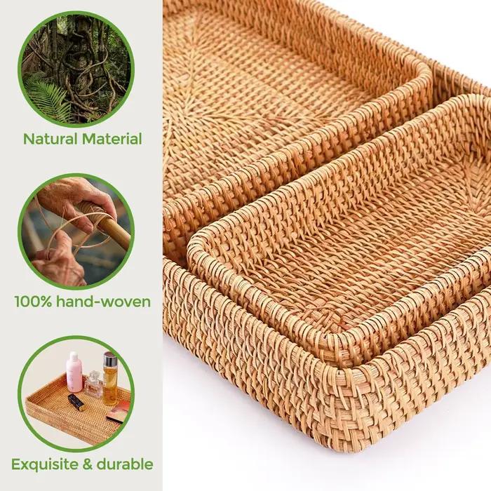 Ensemble de 3 plateaux de service en rotin, plateau rectangulaire tressé, plateau de service décoratif en osier naturel, organisateur de table basse ou de coiffeuse
