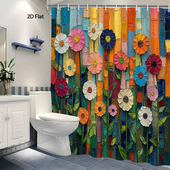 Rideau de douche/bain 1 pièce, motif floral folklorique, fleurs multicolores ludiques, pétales rose, blanc, rouge, orange, tige feuillue verte