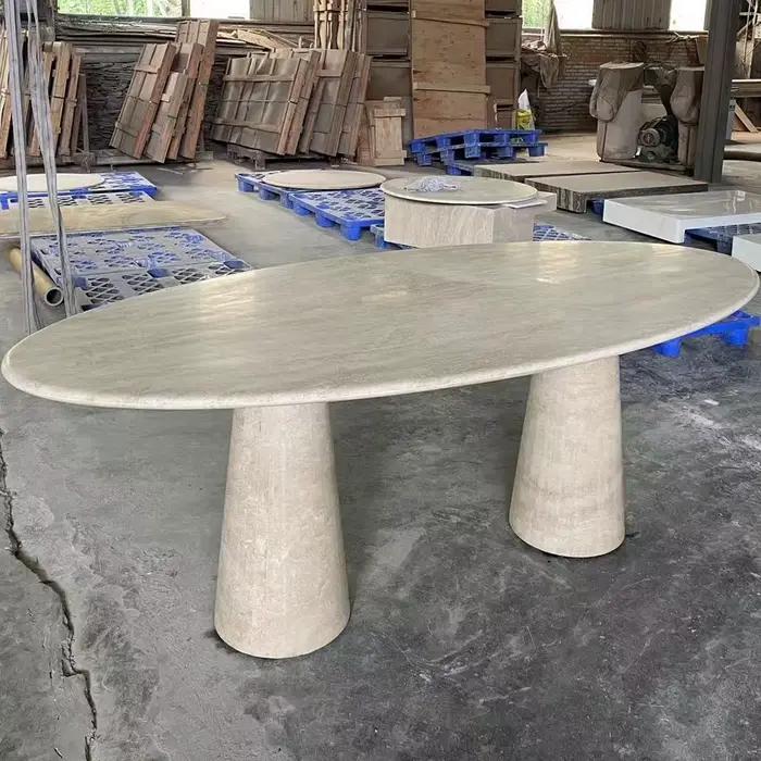 Table à manger moderne en travertin beige, table en pierre cannelée ovale en marbre, table à manger en travertin