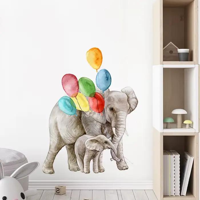 Autocollant mural en forme d'éléphant en ballon de dessin animé, décoration de chambre d'enfant, fond de chambre, décoration de la maison, autocollants artistiques, papier peint pour chambre d'enfant