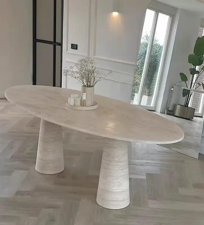 Table à manger moderne en travertin beige, table en pierre cannelée ovale en marbre, table à manger en travertin
