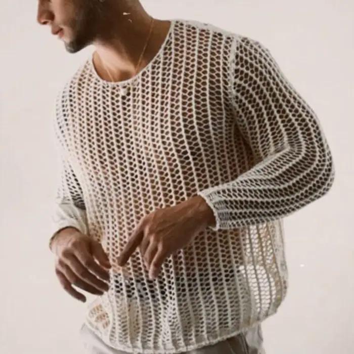 Haut en maille transparent pour hommes, manches longues, col rond, ajouré, chemise à bascule, haut en maille tricoté, vêtements pour hommes