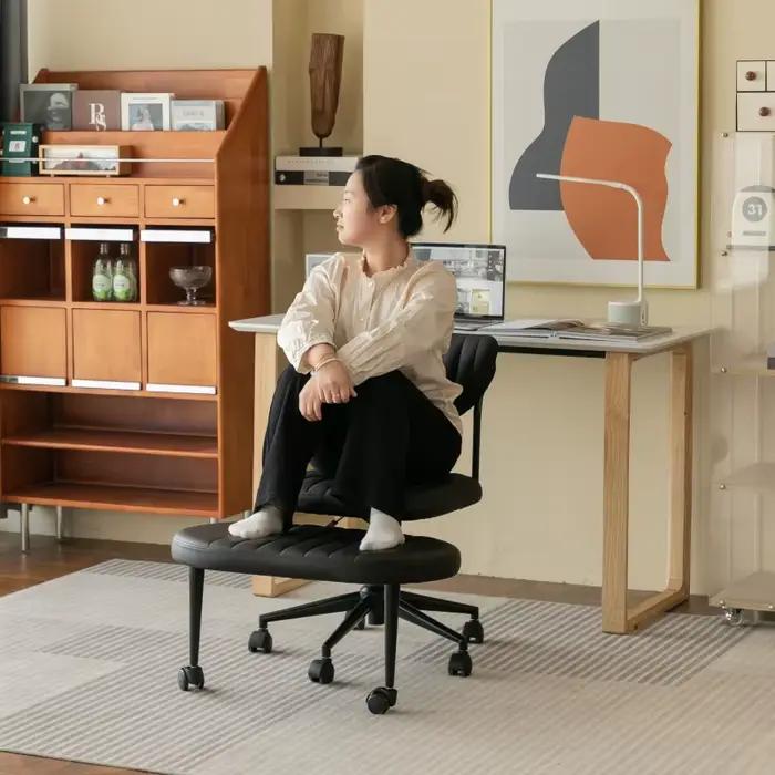 Fauteuil lounge moderne à jambes croisées, tissu en velours, rotatif, réglable en hauteur, avec repose-pieds, adapté aux salons