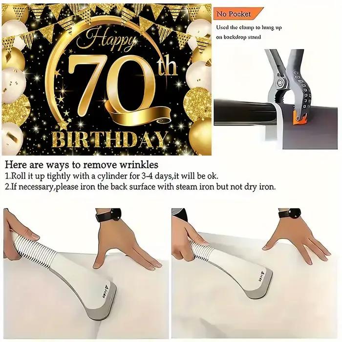 Tissu de fond pour fête d'anniversaire 70e anniversaire, décoration d'anniversaire élégante sur le thème noir et or avec texte «joyeux anniversaire»