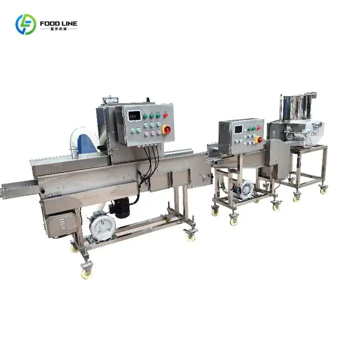 Machine industrielle personnalisée pour la poudrure de poulet, idéale pour les nuggets de poulet, les galettes de poisson et les paniers de pain de mie.